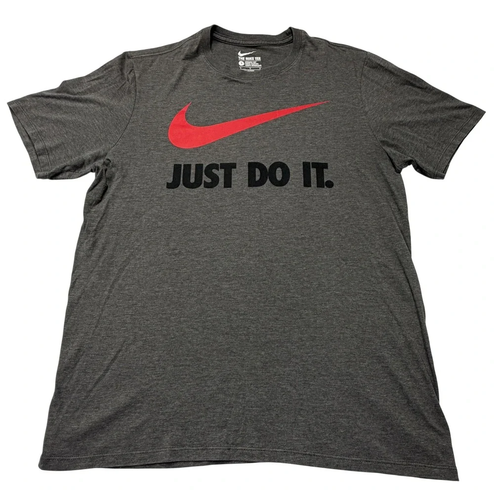 Nike Just Do It Graphic Tee Charcoal Gray Red Swoosh Mens Large